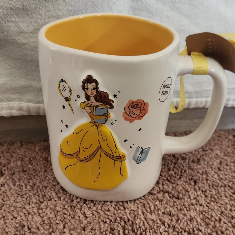 Rae Dunn White Ceramic Mug with Yellow Interior and Illustration